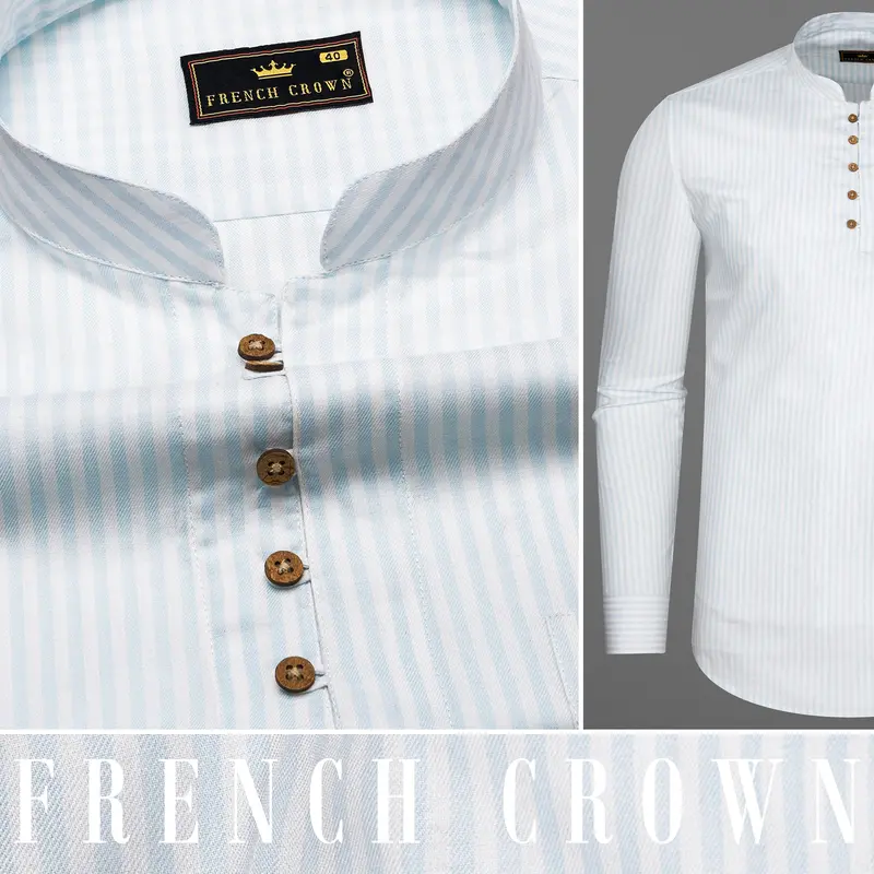 Bright White With Geyser Blue Twill Striped Premium Cotton Kurta Shirt 9