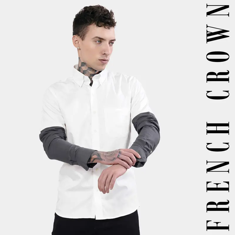 Bright White With Gravel Gray Subtle Sheen Super Soft Premium Cotton Designer Shirt 1