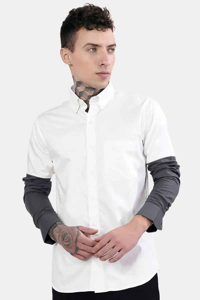 Bright White With Gravel Gray Subtle Sheen Super Soft Premium Cotton Designer Shirt 2
