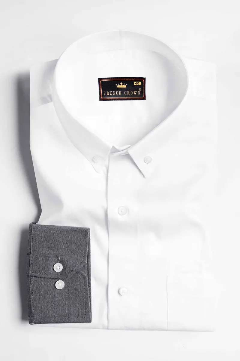 Bright White With Gravel Gray Subtle Sheen Super Soft Premium Cotton Designer Shirt 5