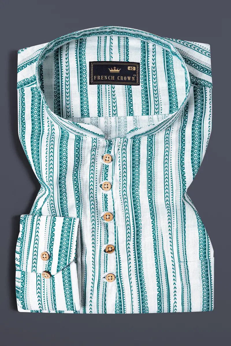 Bright White With Green African Art-Inspired Stripes Luxurious Linen Kurta Shirt 2