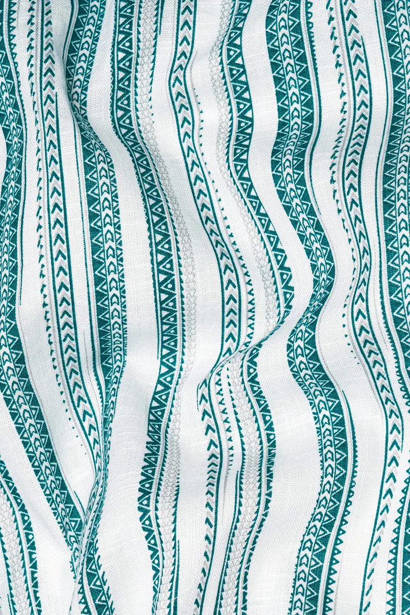 Bright White With Green African Art-Inspired Stripes Luxurious Linen Kurta Shirt 3