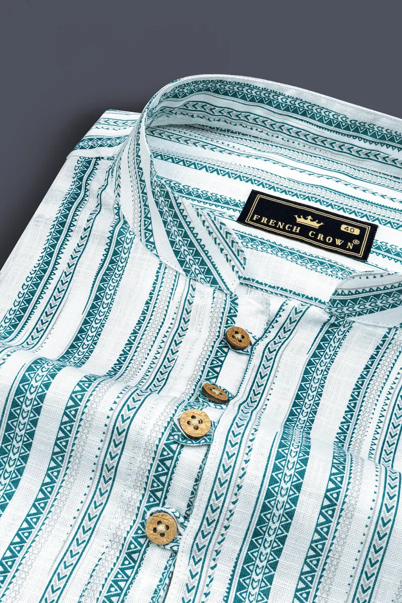 Bright White With Green African Art-Inspired Stripes Luxurious Linen Kurta Shirt 4
