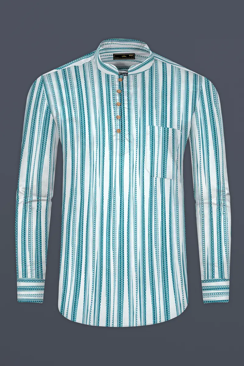 Bright White With Green African Art-Inspired Stripes Luxurious Linen Kurta Shirt 5