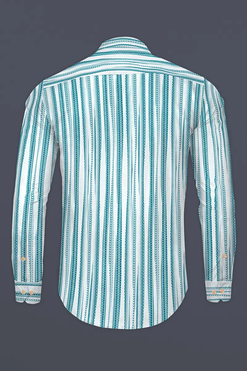 Bright White With Green African Art-Inspired Stripes Luxurious Linen Kurta Shirt 6