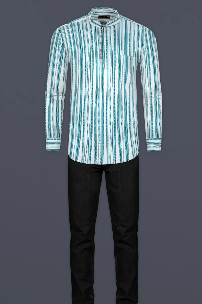 Bright White With Green African Art-Inspired Stripes Luxurious Linen Kurta Shirt 7