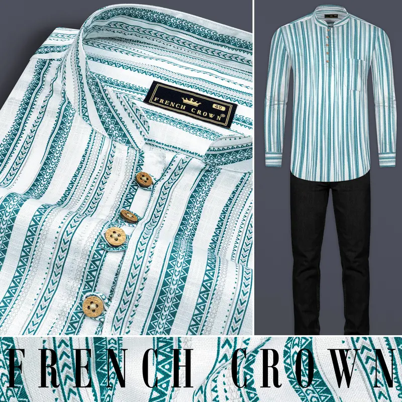 Bright White With Green African Art-Inspired Stripes Luxurious Linen Kurta Shirt 9