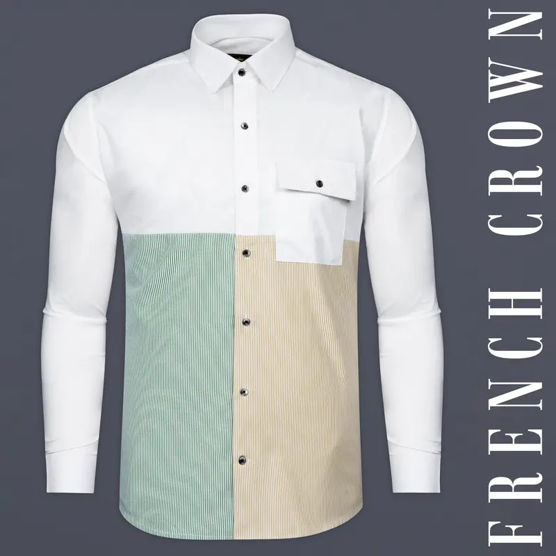 Bright White With Green And Yellow Striped Super Soft Premium Giza Cotton Designer Shirt 1