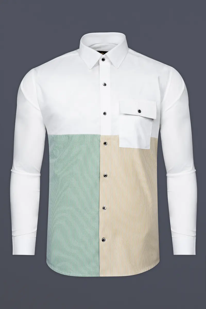 Bright White With Green And Yellow Striped Super Soft Premium Giza Cotton Designer Shirt 2
