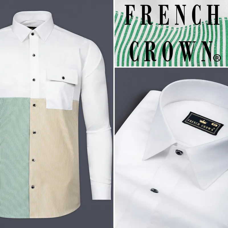 Bright White With Green And Yellow Striped Super Soft Premium Giza Cotton Designer Shirt 9