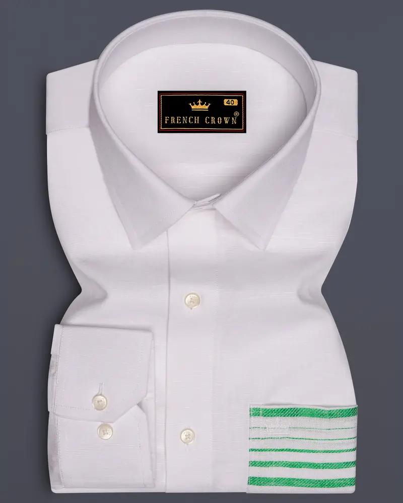 Bright White With Green Patch Pocket Luxurious Linen Designer Shirt 1