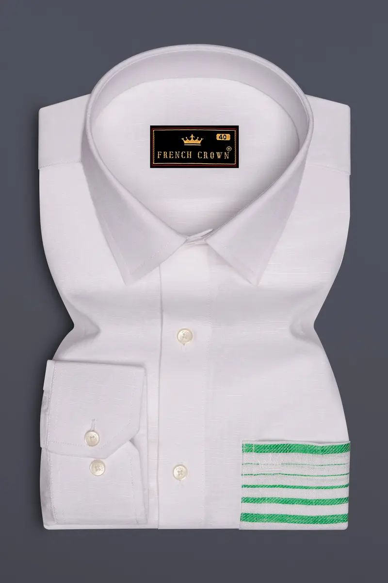 Bright White With Green Patch Pocket Luxurious Linen Designer Shirt 2