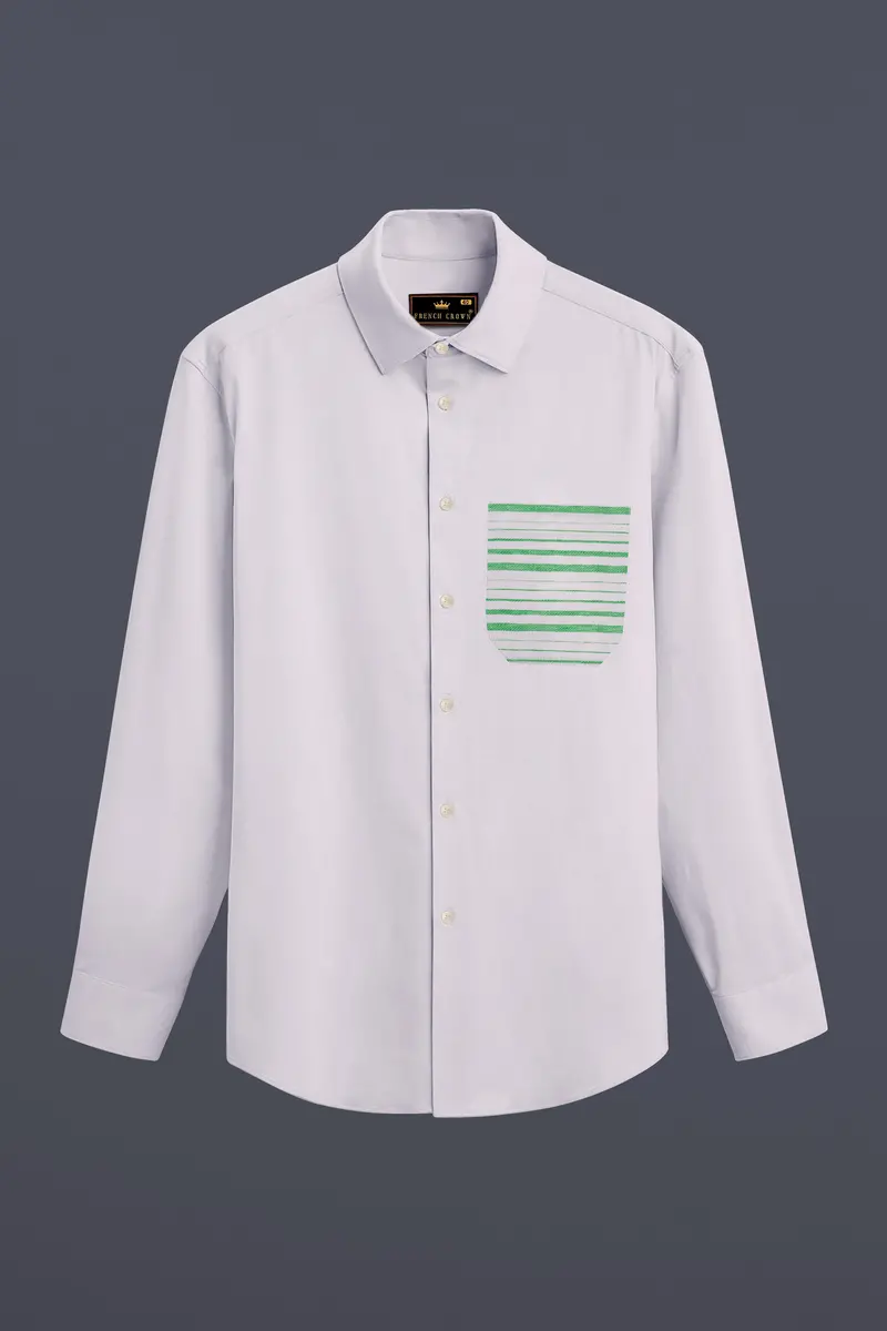 Bright White With Green Patch Pocket Luxurious Linen Designer Shirt 4