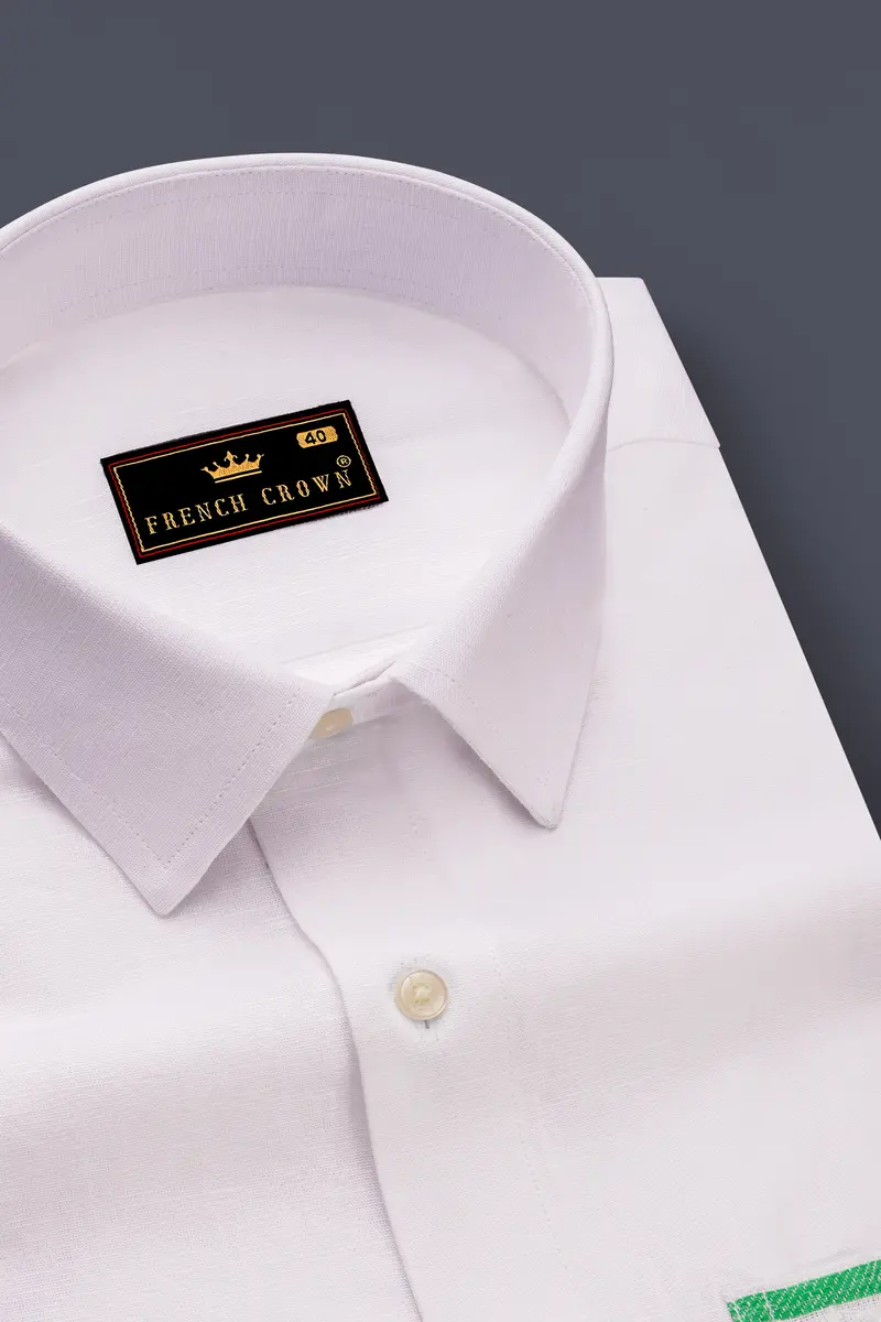 Bright White With Green Patch Pocket Luxurious Linen Designer Shirt 5