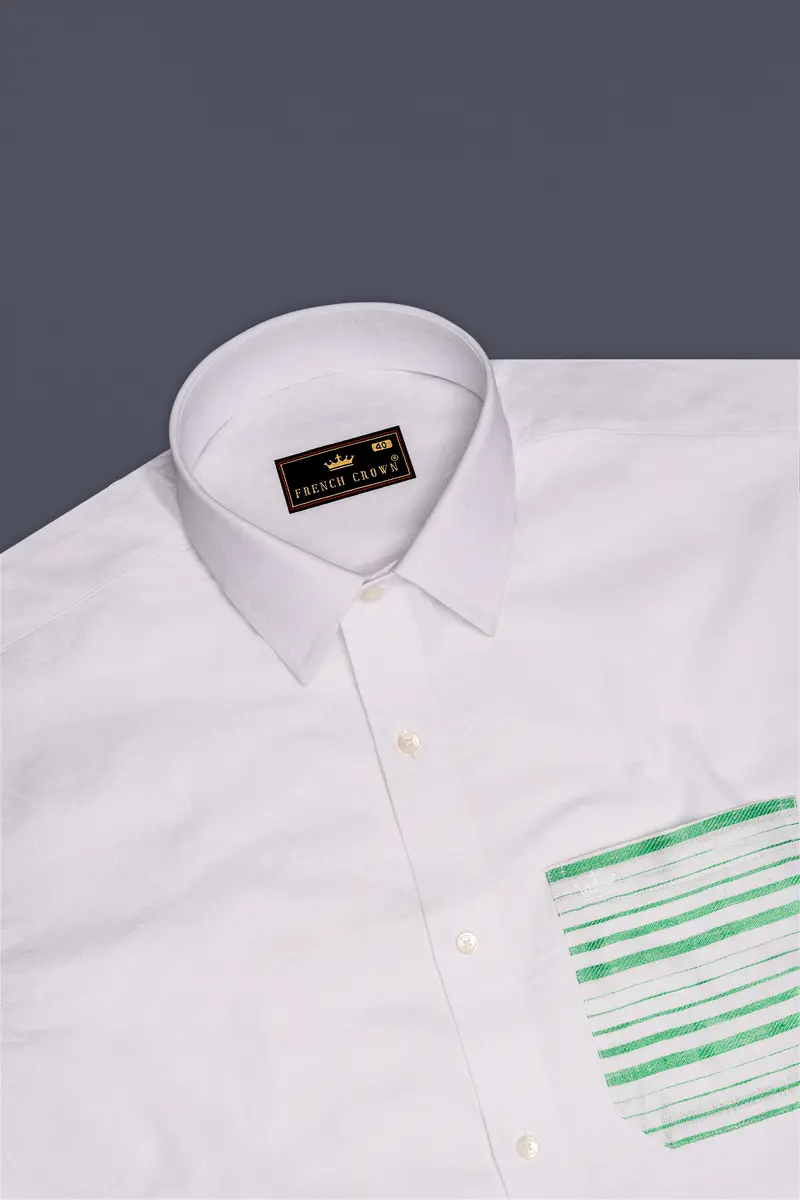 Bright White With Green Patch Pocket Luxurious Linen Designer Shirt 6