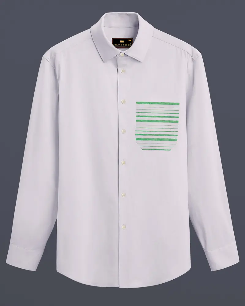 Bright White With Green Patch Pocket Luxurious Linen Designer Shirt 8