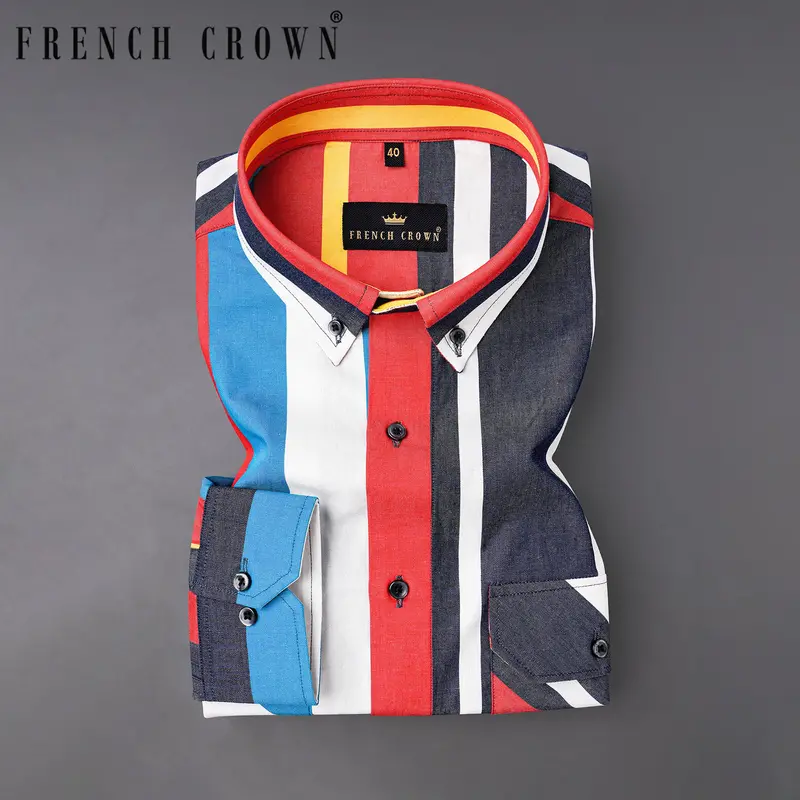 Bright White With Gun Powder Multicolour Striped Chambray Shirt 1
