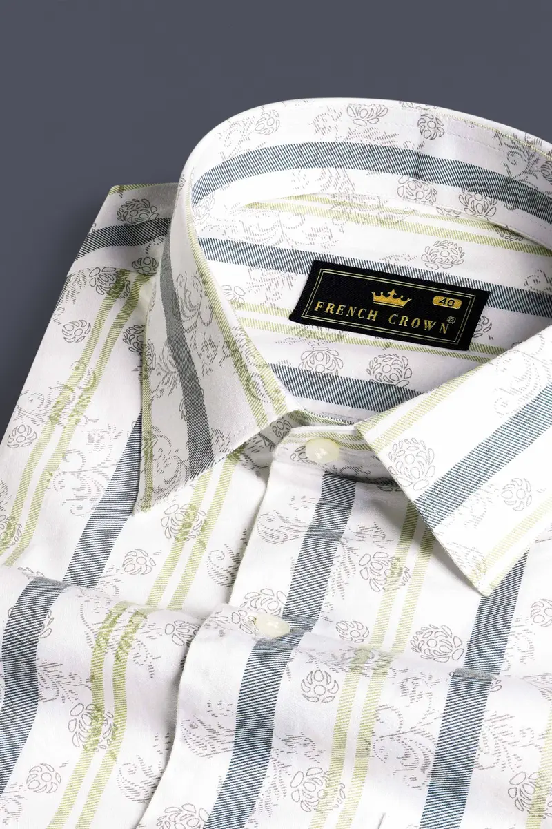 Bright White With Gunsmoke Gray And Hampton Green Striped Super Soft Premium Cotton Shirt 1