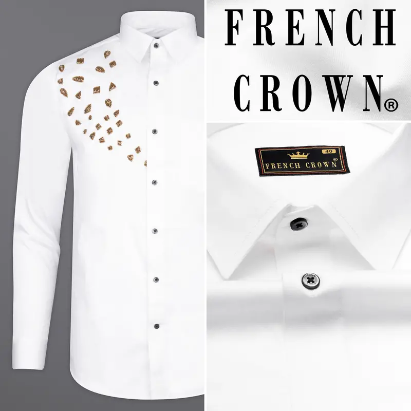 Bright White With Handcrafted Golden Beads Work Super Soft Premium Cotton Designer Shirt 1