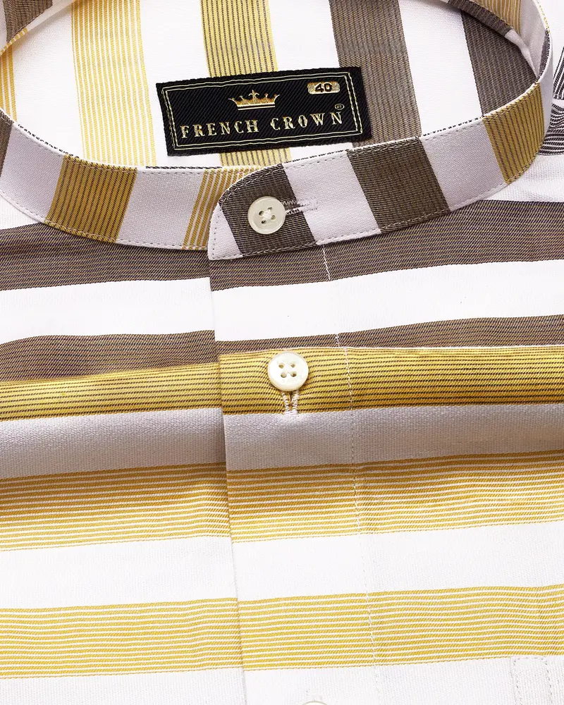 Bright White With Harvest And Puce Brown Striped Dobby Textured Premium Giza Cotton Shirt 1