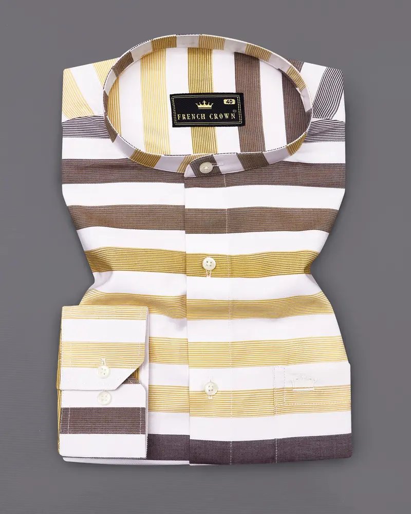 Bright White With Harvest And Puce Brown Striped Dobby Textured Premium Giza Cotton Shirt 3