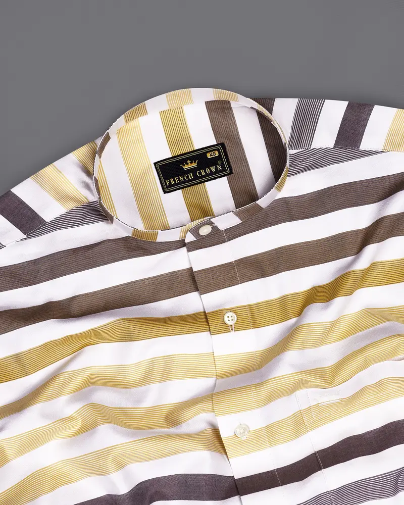 Bright White With Harvest And Puce Brown Striped Dobby Textured Premium Giza Cotton Shirt 4