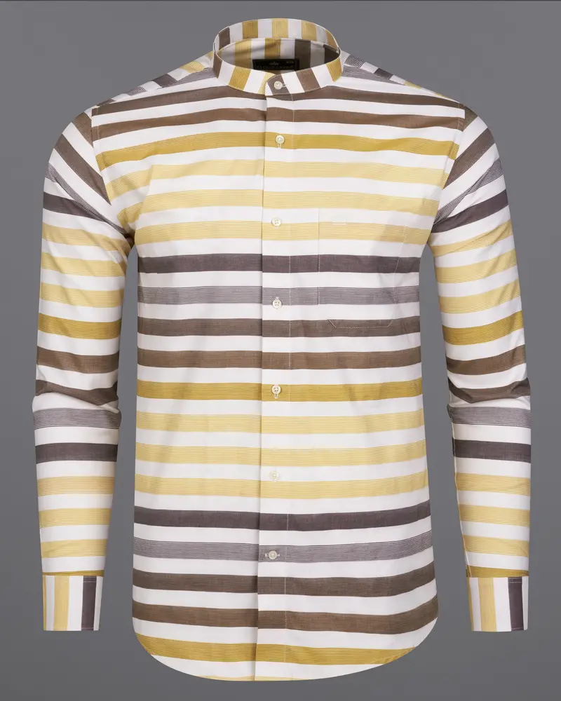 Bright White With Harvest And Puce Brown Striped Dobby Textured Premium Giza Cotton Shirt 5