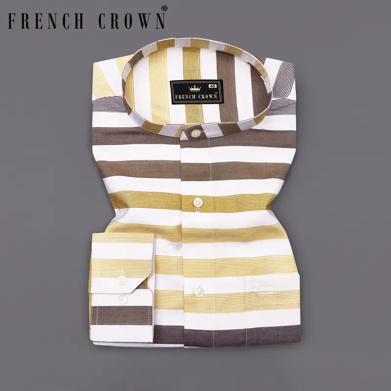Bright White With Harvest And Puce Brown Striped Dobby Textured Premium Giza Cotton Shirt 7