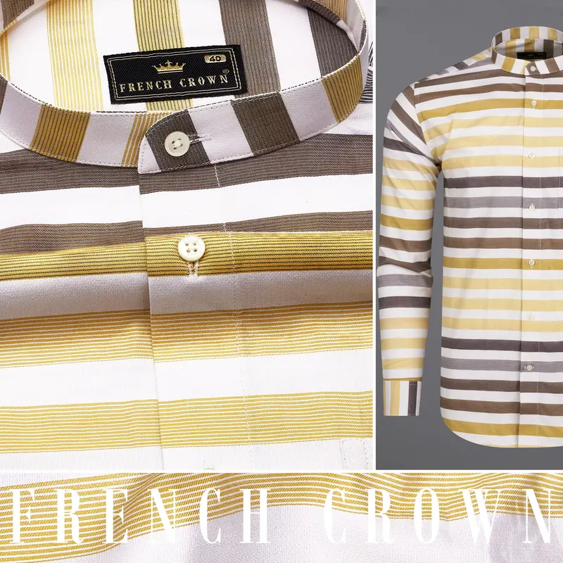 Bright White With Harvest And Puce Brown Striped Dobby Textured Premium Giza Cotton Shirt 9