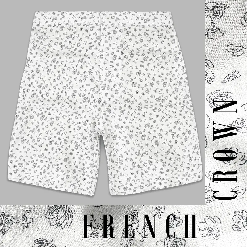 Bright White With Jade Black Flowers Printed Luxurious Linen Shorts 1
