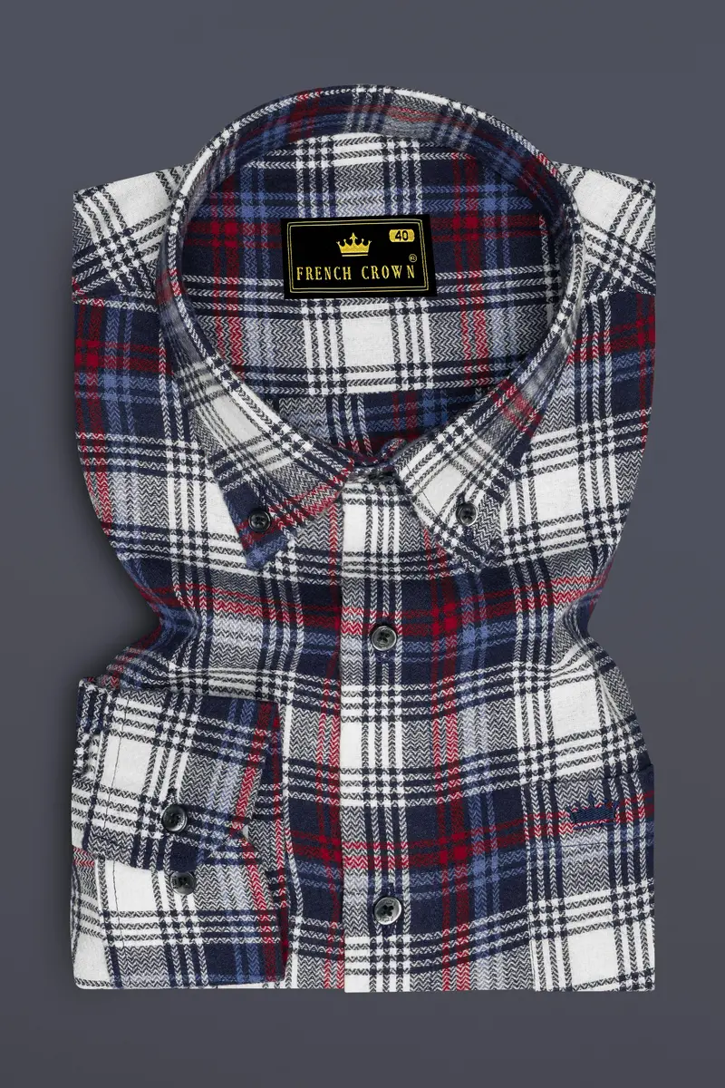 Bright White With Jagger Blue And Cardinal Red Plaid Flannel Shirt 4