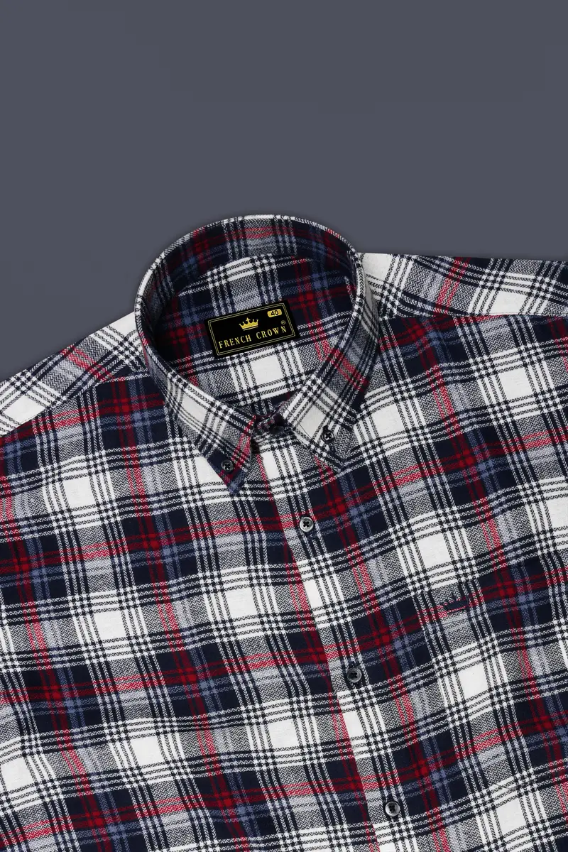 Bright White With Jagger Blue And Cardinal Red Plaid Flannel Shirt 5