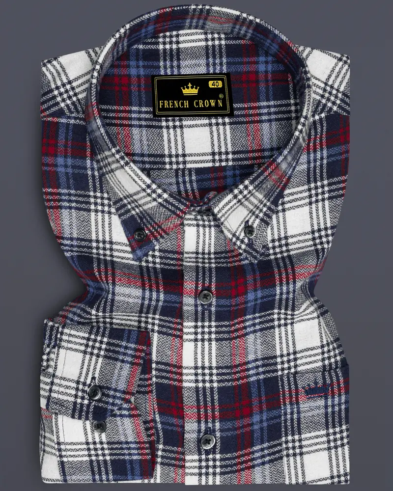 Bright White With Jagger Blue And Cardinal Red Plaid Flannel Shirt 6