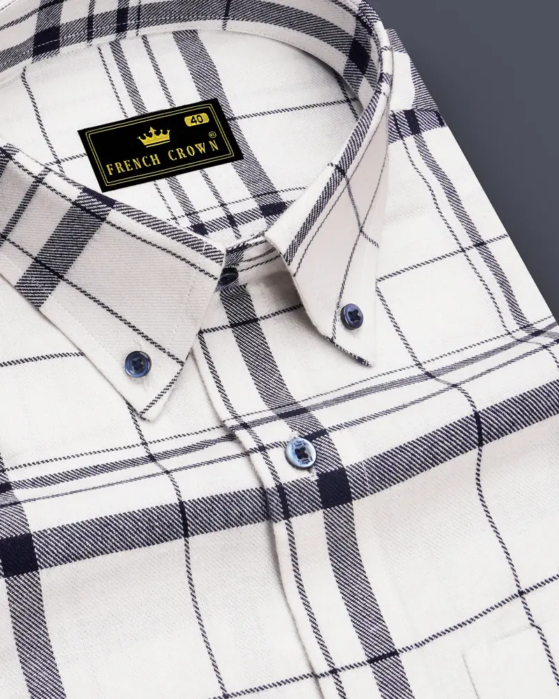 Bright White With Jaguar Blue Twill Plaid Premium Cotton Shirt 1