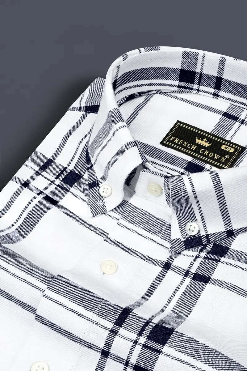 Bright White With Jaguar Dark Blue Plaid Flannel Shirt 1