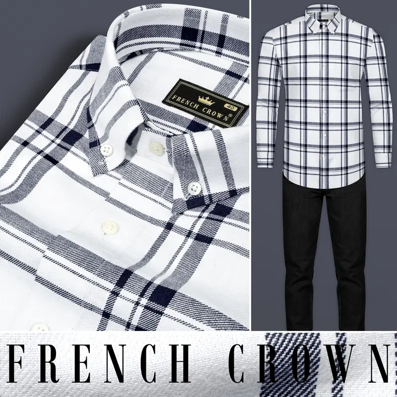 Bright White With Jaguar Dark Blue Plaid Flannel Shirt 10