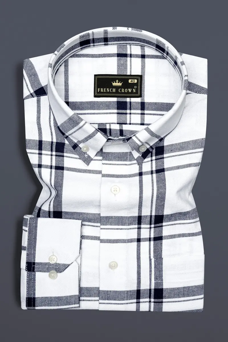 Bright White With Jaguar Dark Blue Plaid Flannel Shirt 3