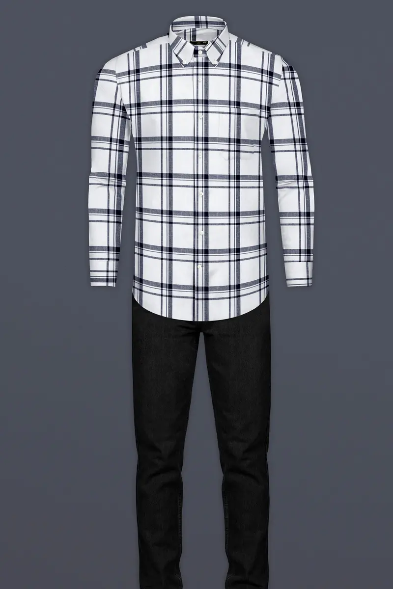 Bright White With Jaguar Dark Blue Plaid Flannel Shirt 6