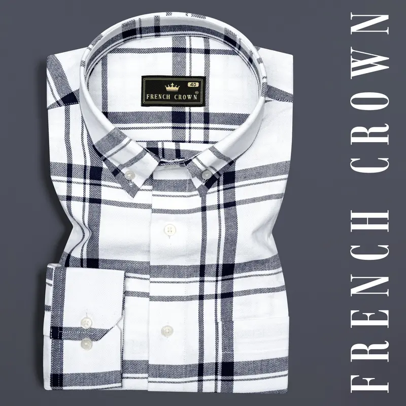 Bright White With Jaguar Dark Blue Plaid Flannel Shirt 7