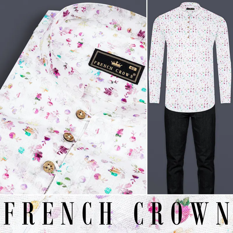 Bright White With Jazzberry Purple Floral Printed Luxurious Linen Kurta Shirt 10