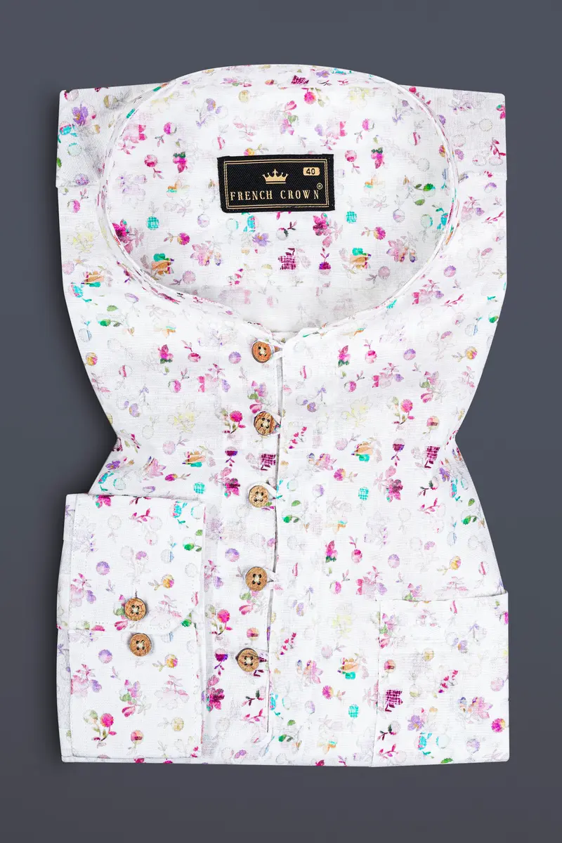 Bright White With Jazzberry Purple Floral Printed Luxurious Linen Kurta Shirt 2