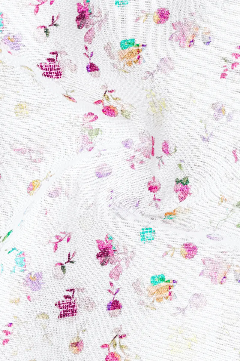 Bright White With Jazzberry Purple Floral Printed Luxurious Linen Kurta Shirt 3