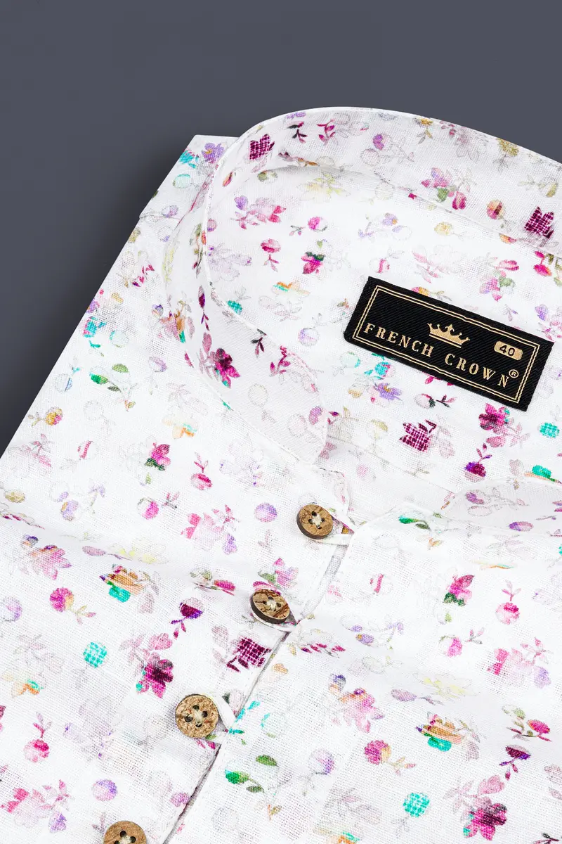 Bright White With Jazzberry Purple Floral Printed Luxurious Linen Kurta Shirt 4