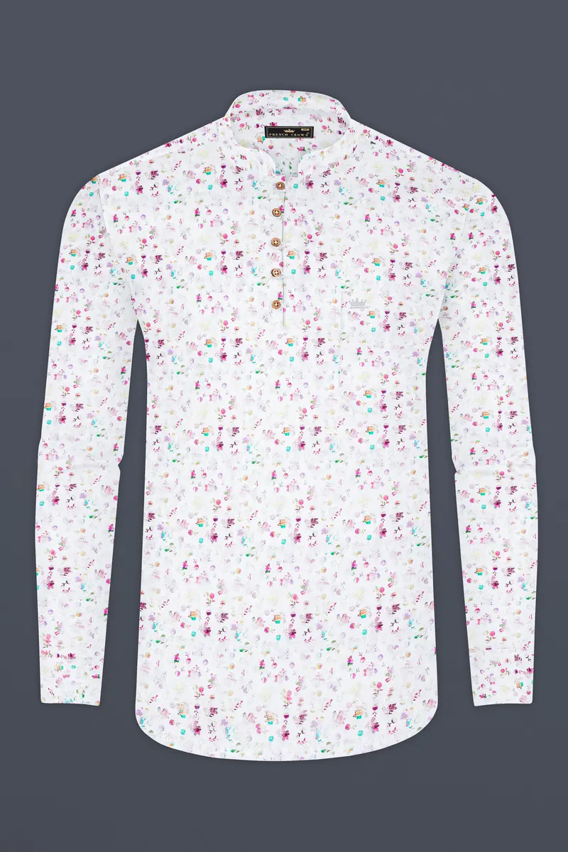 Bright White With Jazzberry Purple Floral Printed Luxurious Linen Kurta Shirt 5