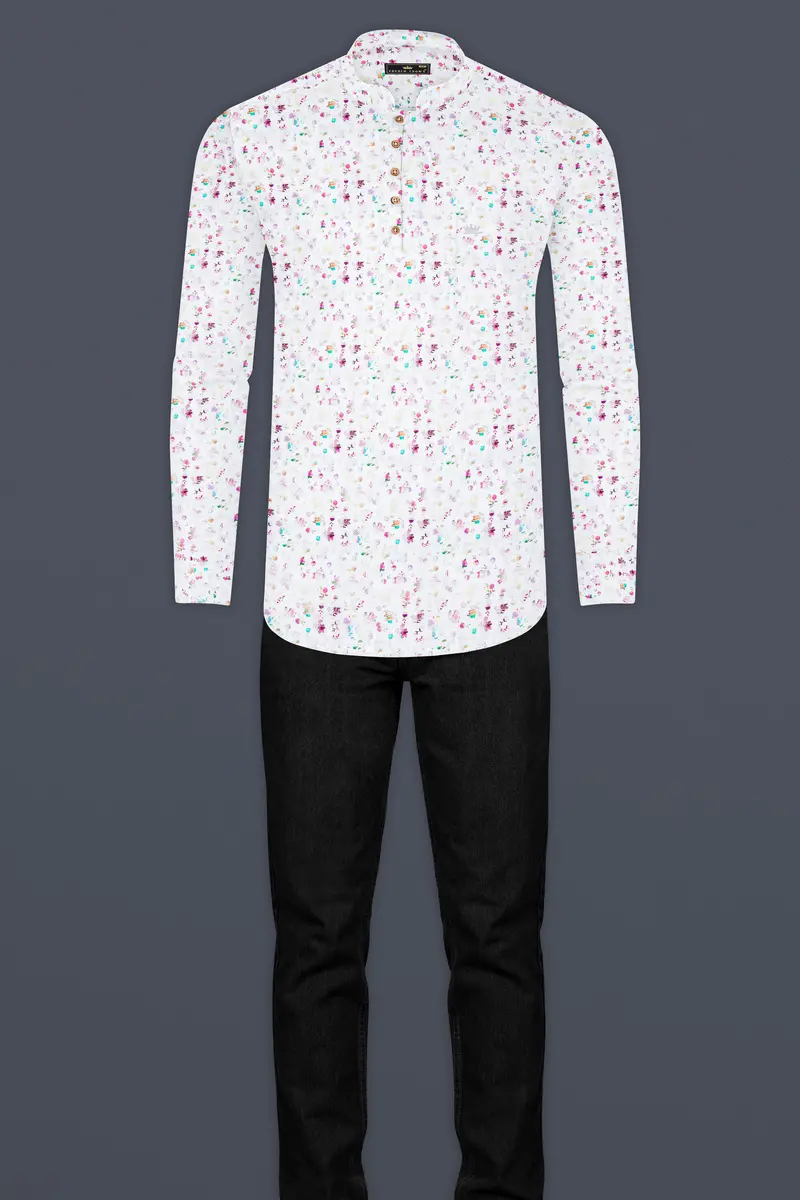 Bright White With Jazzberry Purple Floral Printed Luxurious Linen Kurta Shirt 7