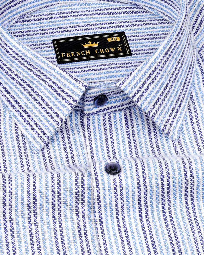 Bright White With Jordy Blue And Blue Striped Dobby Textured Premium Giza Cotton Shirt 1
