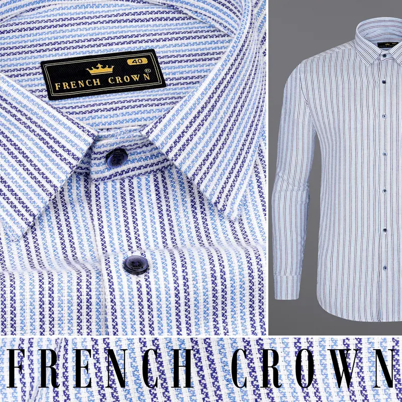 Bright White With Jordy Blue And Blue Striped Dobby Textured Premium Giza Cotton Shirt 10