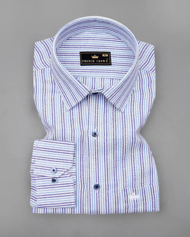 Bright White With Jordy Blue And Blue Striped Dobby Textured Premium Giza Cotton Shirt 3