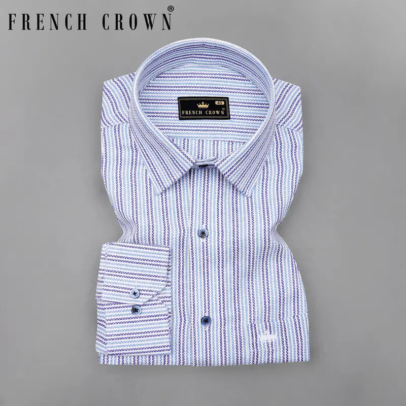 Bright White With Jordy Blue And Blue Striped Dobby Textured Premium Giza Cotton Shirt 7