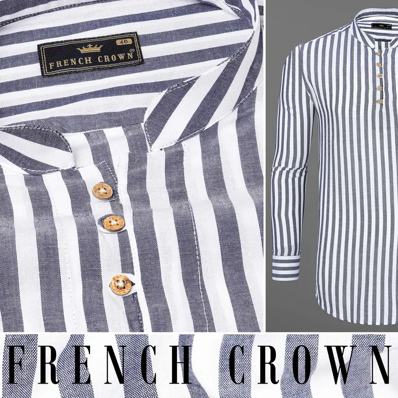 Bright White With Kimberly Gray Striped Premium Tencel Kurta Shirt 10